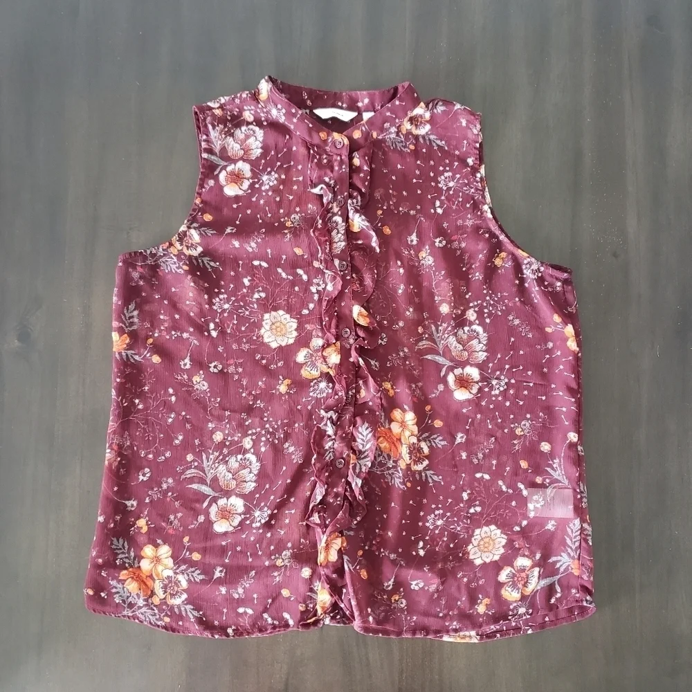 ⭐3/$25⭐ Reitmans Women's Sheer Ruffled Floral Top Size L - Picture 2 of 12